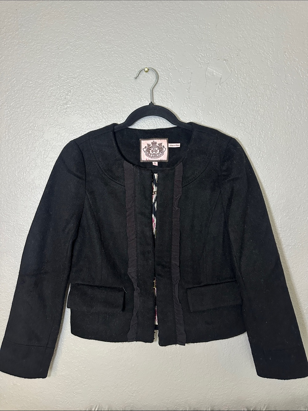Juicy Couture Black Wool Blend Ruffle-Front Cropped Blazer Size S